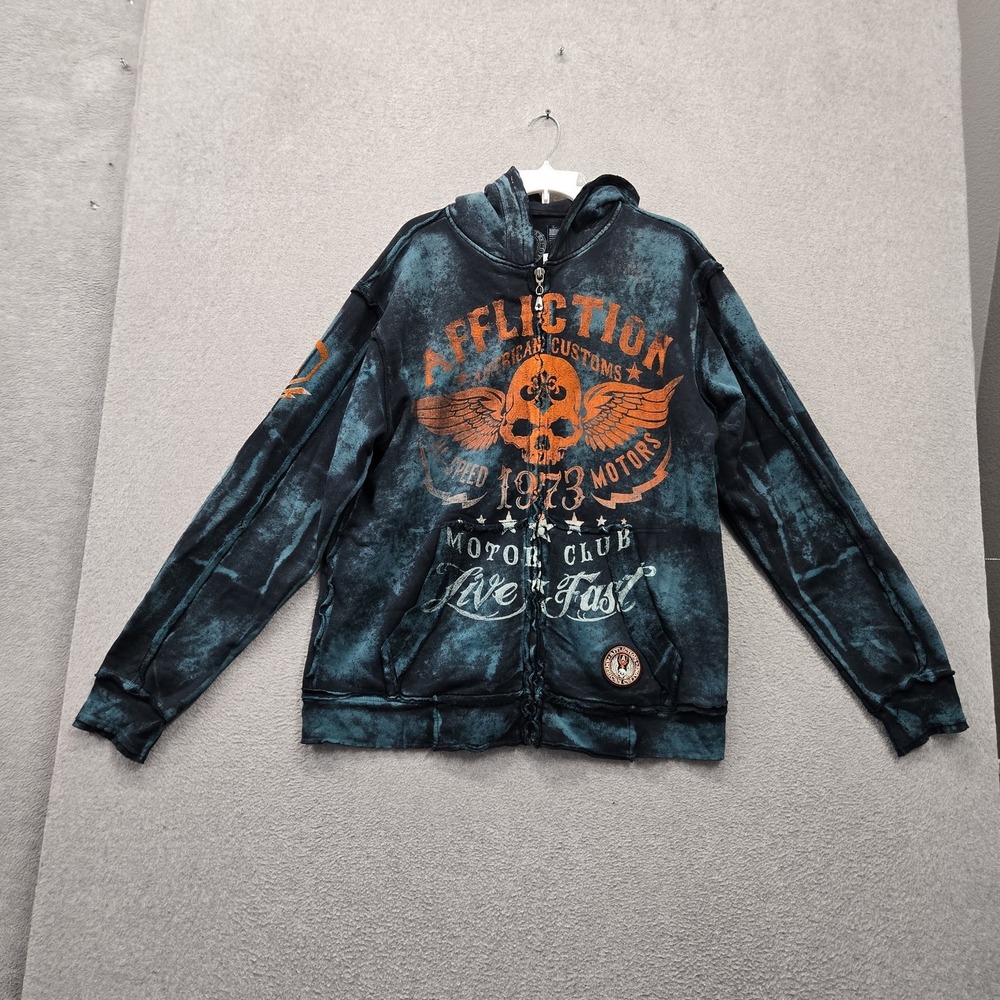 Affliction Men Hoodie XL Blue Tie Dye Motor Club Skull American USA Flag Logo